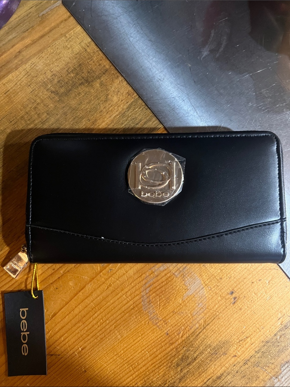 bebe Black Zip-Around Wallet with Gold Logo Accent